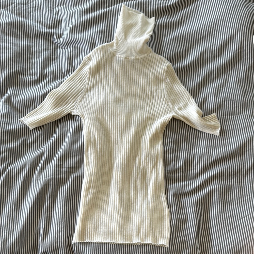 SPRWMN Cream Cowl Neck Ribbed Top